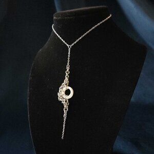 Whimsical gothic witch moon crescent silver & mother-of-pearl chainmail necklace
